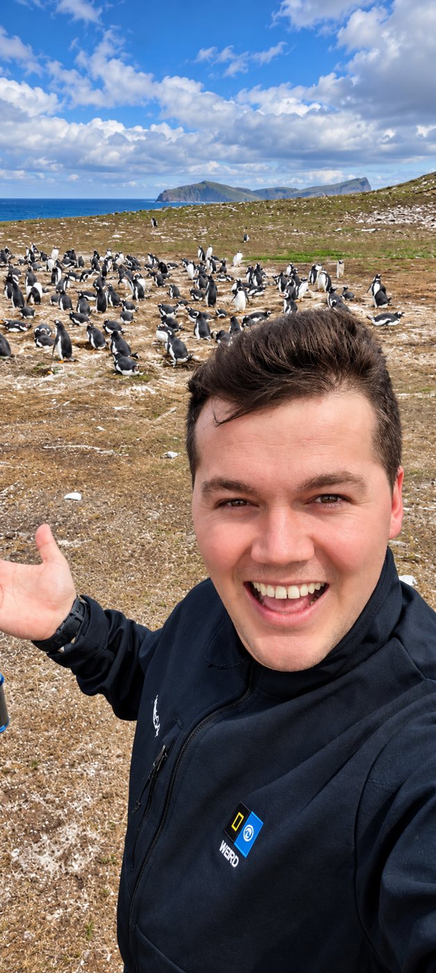 Chef Bogdan Drăghici beside a penguin colony on expedition